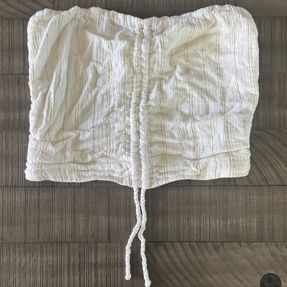 Aerie White & Gold Stripped Ruched Tube Top